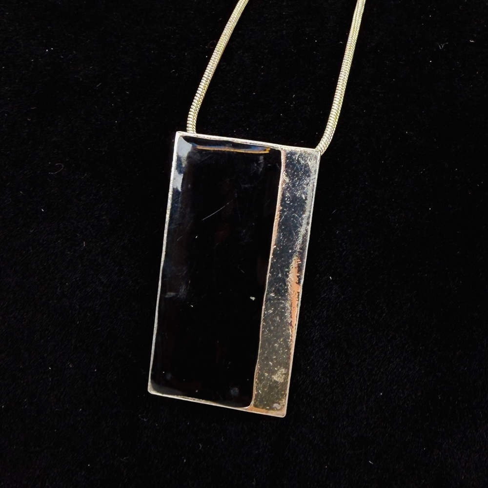 Vintage Silvertone and black square pendant chain necklace